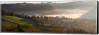Framed Misty morning valley with village, Uley, Gloucestershire, England