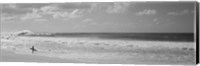 Framed Surfer standing on the beach in black and white, Oahu, Hawaii