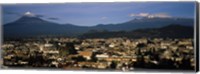 Framed Aerial view of a city a with mountain range in the background, Popocatepetl Volcano, Cholula, Puebla State, Mexico
