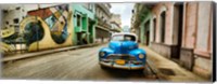 Framed Old car and a mural on a street, Havana, Cuba