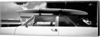 Framed California, Surf board on roof of car (black and white)