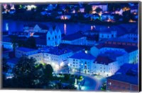 Framed High angle view of old town buildings at night, Passau, Bavaria, Germany