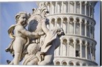 Framed La Fontana dei Putti in front of Leaning Tower of Pisa, Pisa, Tuscany, Italy