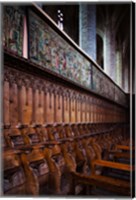 Framed Choir stalls at Abbatiale Saint-Robert, La Chaise-Dieu, Haute-Loire, Auvergne, France