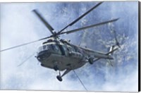 Framed Bulgarian Air Force Mi-17 helicopter over a forest fire in Bulgaria