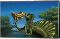 Framed Spinosaurus dinosaur fishing Mawsonias in a mangrove