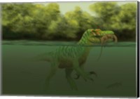 Framed Baryonyx escapes swimming from a brawl with a Hypsilophodon in his mouth