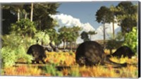 Framed Prehistoric glyptodonts graze on grassy plains