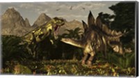 Framed large carnivorous Torvosaurus preying on a Stegosaurus