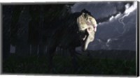 Framed Acrocanthosaurus dinosaur on a stormy night