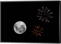 Framed composite image with fireworks and a new Moon