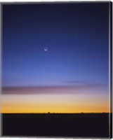 Framed Pre-dawn sky with waning crescent moon, Jupiter at top, and Mercury at lower center