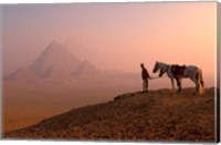 Framed Dawn View of Guide and Horses at the Giza Pyramids, Cairo, Egypt