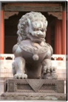 Framed China, Beijing, Forbidden City. Bronze lion statue