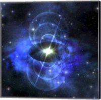 Framed brilliant star sends out magnetic waves out into surrounding space