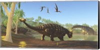 Framed Ankylosaurus dinosaurs drink from a swamp along with an Argentinosaurus