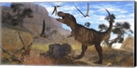 Framed Tyrannosaurus Rex attempts to eat his Triceratops kill while Pteranodons harass him