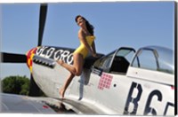 Framed Beautiful 1940's style pin-up girl posing with a P-51 Mustang