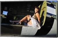 Framed Sexy 1940's style pin-up girl sitting inside of a C-47 Skytrain aircraft