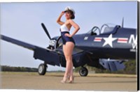 Framed 1940's Navy pin-up girl posing with a vintage Corsair aircraft