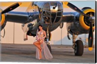 Framed Sexy 1940's pin-up girl in lingerie posing with a B-25 bomber