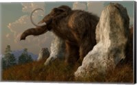 Framed mammoth standing among stones on a hillside