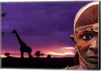 Framed Maasai Warrior with Sunset on the Serengeti, Kenya