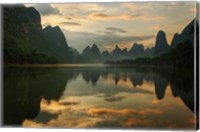Framed Li River and karst peaks at sunrise, Guilin, China