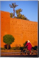 Framed Veiled Woman Bicycling Below Red City Walls, Marrakech, Morocco