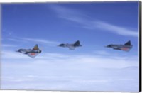 Framed Saab JA 37 Viggen and Saab JAS 39 Gripen fighters of the Swedish Air Force