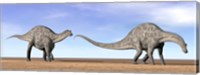 Framed Two Dicraeosaurus dinosaurs walking in the desert