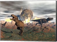 Framed Tyrannosaurus Rex dinosaurs escaping a big meteorite crash