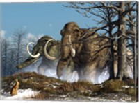 Framed rabbit witnesses a herd of mammoths in a snowy forest