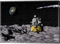 Framed Apollo on surface of moon, with Saturn V rocket in the background