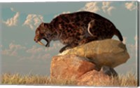 Framed Smilodon sits on a rock surrounded by golden fall fields