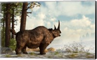 Framed woolly rhinoceros trudges through the snow, Pleistocene epoch