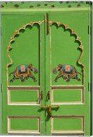 Framed Elephants painted on green door, City Palace, Udaipur, India