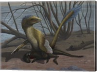Framed Deinonychus protects its kill, a psittacosaurid dinosaur