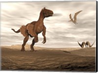 Framed Velociraptor dinosaur in desert landscape with two pteranodon birds