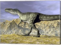 Framed Monolophosaurus dinosaur walking on rocky terrain near mountain