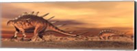 Framed Kentrosaurus mother and baby walking in the desert by sunset