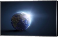 Framed Planet Earth and sunlight on a dark blue background