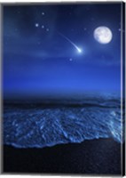 Framed Tranquil ocean at night against starry sky, moon and falling meteorite