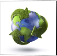 Framed 3D Rendering of planet Earth surrounded by grassy recycle symbol