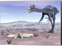 Framed Female Gigantoraptor dinosaur walking to its nest full of eggs