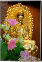 Framed Pink lotus flowers in front of gold statue, Kek Lok Si Temple, Island of Penang, Malaysia