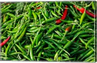 Framed Maeklong railroad tracks market, Thai peppers, Bangkok, Thailand