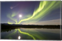 Framed Aurora Borealis and Full Moon over the Yukon River, Canada