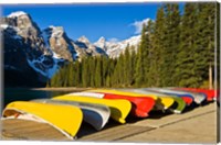 Framed Moraine Lake and rental canoes stacked, Banff National Park, Alberta, Canada