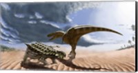 Framed Tarbosaurus dinosaur and an armored Saichania ankylosaurid